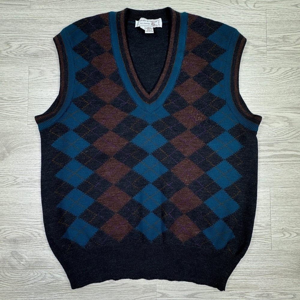 Tricots St. Raphael Mens Sweater Vest Argyle Virgin Wool‎ Blue Brown Large